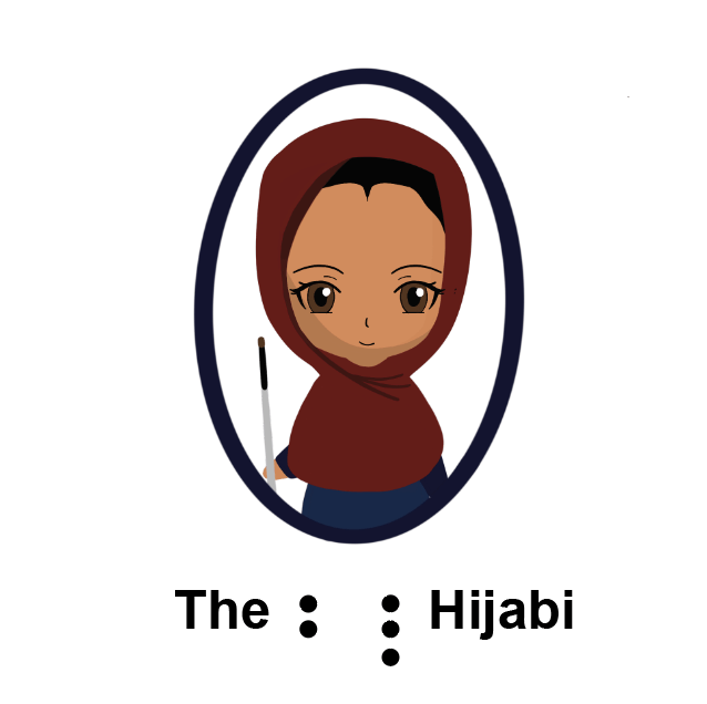 The Blind Hijabi. A woman in a red hijab holds a cane in her right hand and smiles out of an oval frame. Under the frame are the words "the blind hijabi." Blind is written in Braille. 